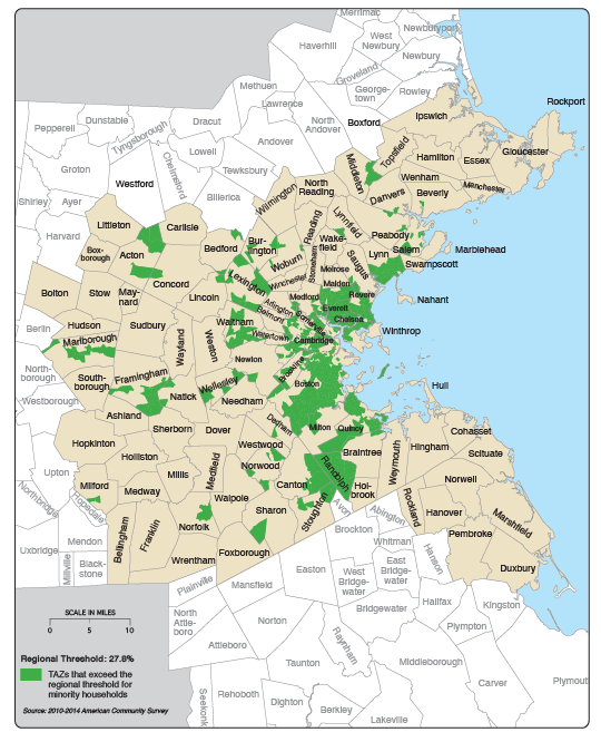 This map shows the TAZs in the Boston Region MPO that exceed the minority threshold of 27.8 percent.